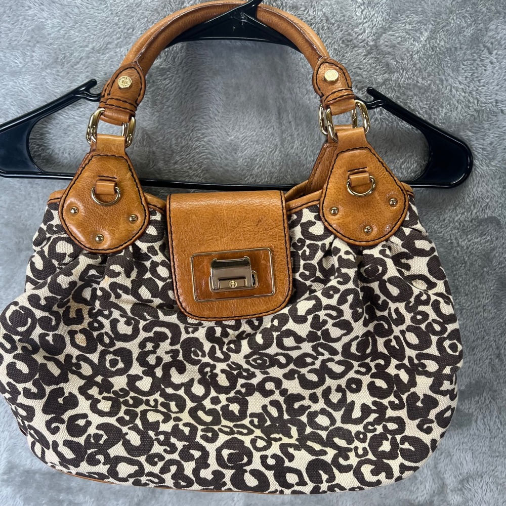 Antonio Melani Leopard Print Canvas‎ Leather Trim Satchel Mob Wife Indie Sleaze